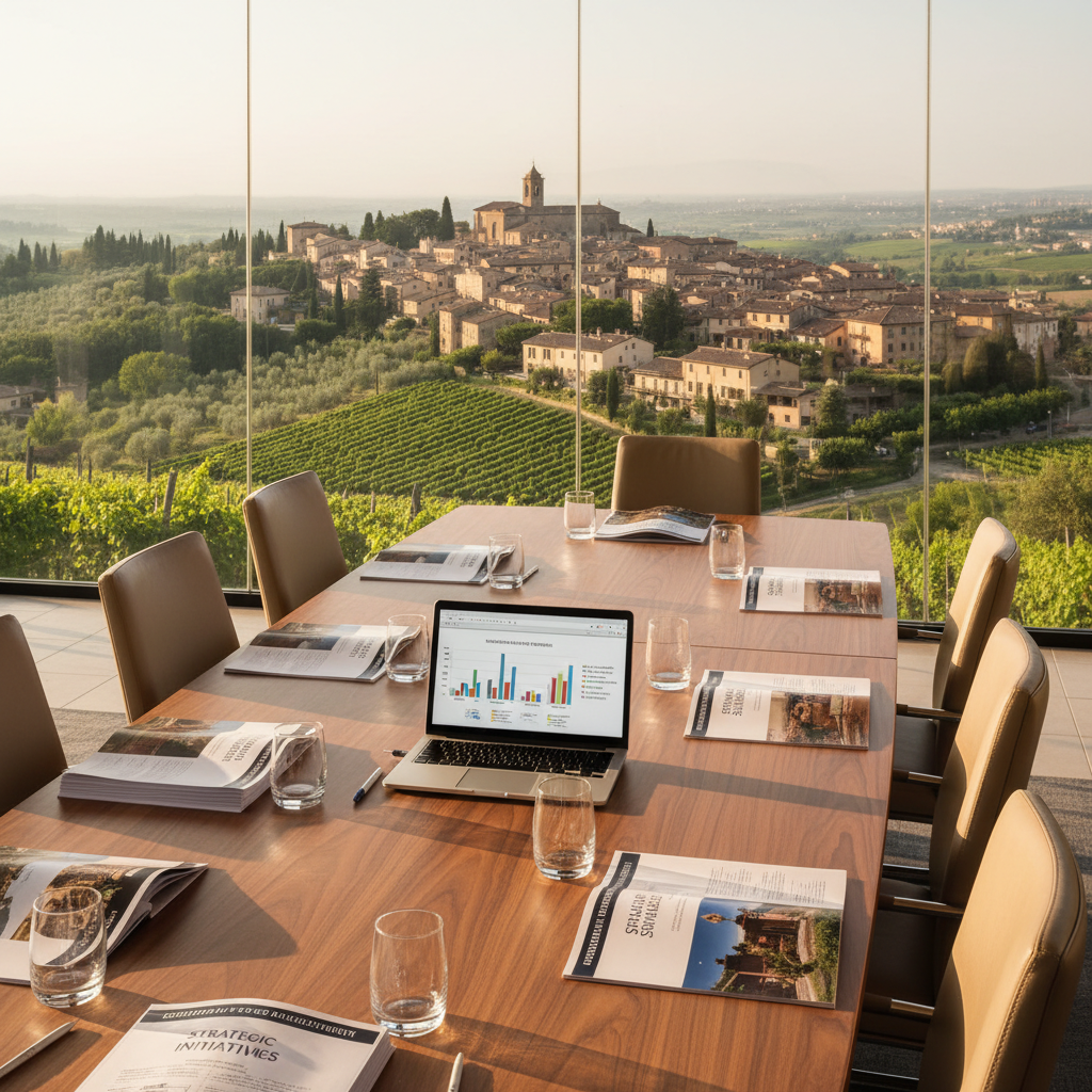 An elegant conference table in a glass-walled meeting room overlooking a picturesque Italian hillside town, with terracotta roofs and green vineyards stretching into the distance. On the table, meticulously arranged printed tourism development plans, glossy destination brochures, and a laptop displaying analytics charts about visitor flows. Late afternoon golden light pours through the panoramic windows, casting warm highlights on the smooth walnut tabletop and creating soft, elongated shadows. The composition uses the rule of thirds, with the table in the foreground and the townscape in crisp focus beyond, in photographic realism. The mood is strategic yet inspiring, embodying careful planning, communication, and promotion of local tourism.