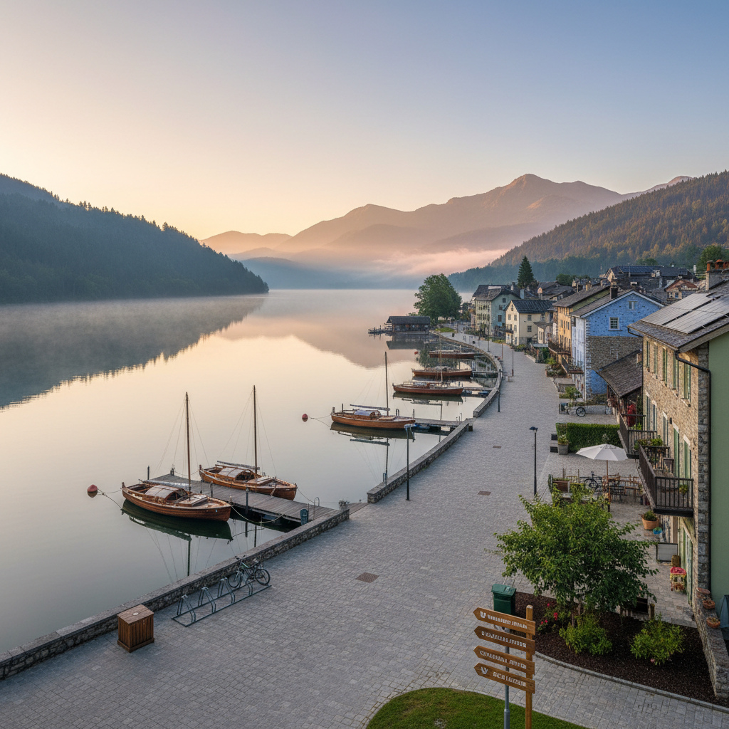 A serene panoramic view of a small lakeside village at dawn, carefully developed as a sustainable tourism destination. Traditional stone houses with soft pastel facades line a calm waterfront promenade, where moored boats reflect on the glassy water. Discreet signage points to walking trails, cultural points of interest, and eco-friendly accommodations. The scene is bathed in gentle morning light with a subtle mist over the lake, creating a peaceful, professional photographic realism. Captured from an elevated vantage point with a wide-angle lens, maintaining sharp detail from foreground to horizon. The atmosphere conveys balanced growth, environmental respect, and thoughtful territorial enhancement for tourism.