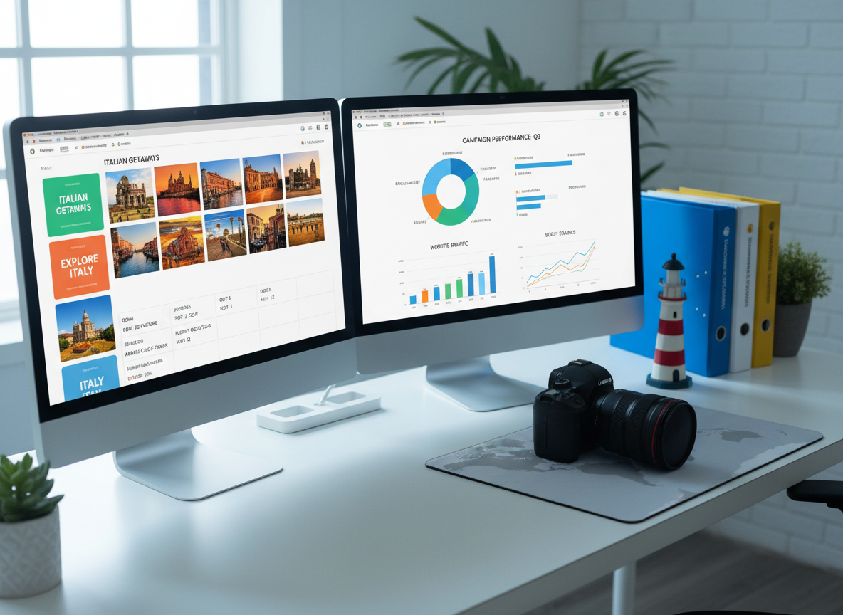 A meticulously organized workstation of a tourism marketing agency, featuring dual monitors on a clean white desk. One screen shows a vibrant social media content calendar for various Italian destinations, while the other displays a colorful dashboard of campaign performance metrics. Beside the monitors, neatly arranged branded folders, a DSLR camera resting on a soft grey mouse pad, and a small model of a coastal lighthouse symbolize communication and promotion. Natural daylight from a nearby window creates soft, cool highlights on the matte surfaces and a gentle shadow of the lighthouse model. Photographic realism from a slightly elevated, three-quarter angle, shallow depth of field focusing on the screens. The scene feels analytical yet creative, reflecting strategic digital marketing for tourism.
