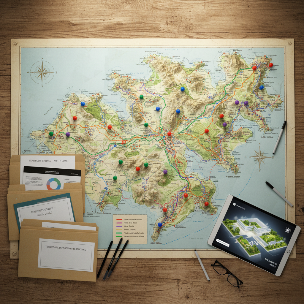 An overhead, photographic realism shot of a large, detailed wall map of a coastal region laid out on a wooden planning table. Around the map, colored pins mark key attractions, cycling routes, wine roads, and cultural sites, connected by neatly drawn marker lines indicating proposed itineraries. To one side, open folders reveal printed feasibility studies and territorial development documents, while a sleek tablet displays a 3D rendering of a new tourist hub. Soft, diffused studio lighting from above ensures even illumination without harsh shadows, highlighting textures of paper and wood. The mood is methodical and visionary, communicating comprehensive territorial tourism planning and integrated development.