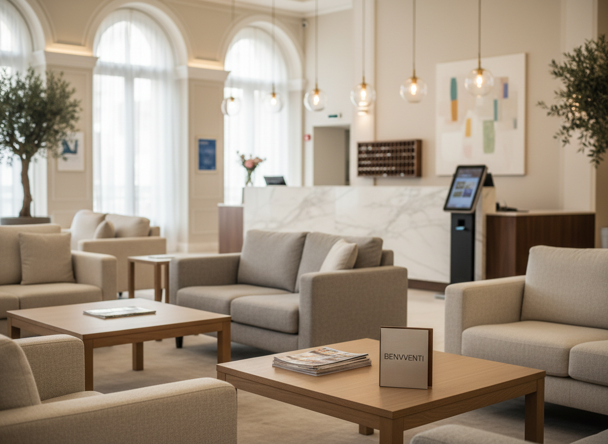 A high-end hotel lobby interior just after renovation, designed for maximum guest comfort and efficient management. Plush neutral-toned sofas and armchairs with textured fabric are arranged around low oak coffee tables holding neatly stacked travel magazines and a small, stylish sign reading "Benvenuti". Behind the seating area, a reception counter displays tidy keycard racks and a digital check-in kiosk. Soft, warm pendant lights hang from the ceiling, complemented by diffused daylight from tall windows, creating a balanced, inviting illumination. Photographic realism at a slightly elevated angle, with sharp focus on the reception area and a gentle bokeh on distant decor. The atmosphere is polished, welcoming, and clearly optimized by expert hospitality management.